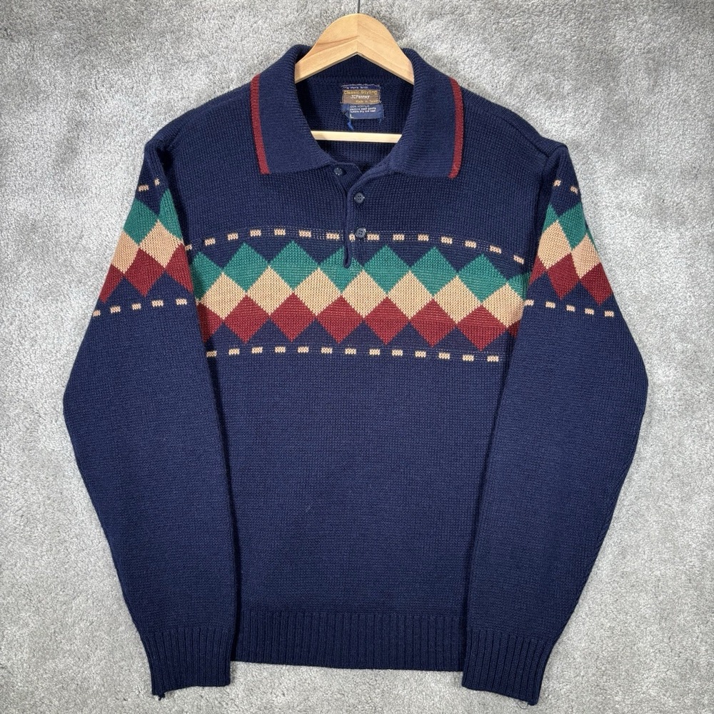 Vintage JCPenney Sweater Men's Size L Blue Argyle Knit Collared Polo 80s